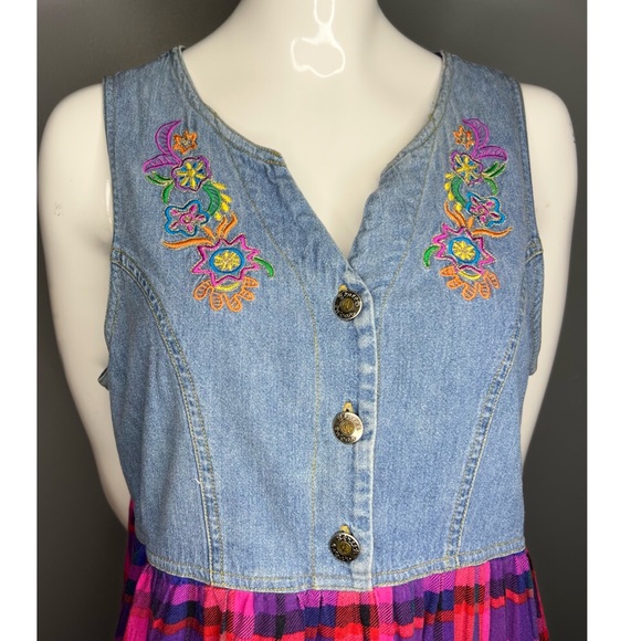 vintage 90s Carol Little : denim & plaid dress - Picture 2 of 16